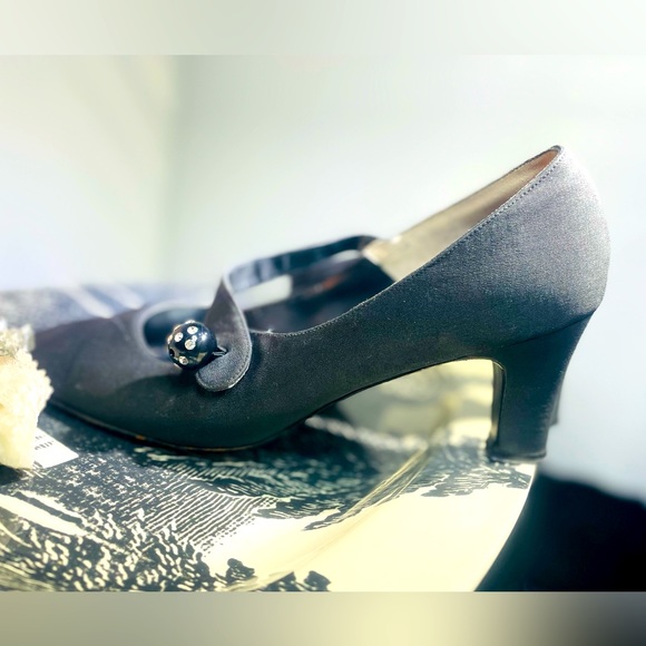 🖤 Vintage 🖤 Black Grosgrain Satin Cross Strap Mary Jane Heels Rhinestone 7 1/2 - Picture 7 of 10